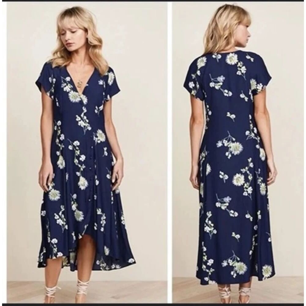 Free People Lost In You Midi Dress Floral Navy Button Up High Low Women's Size S